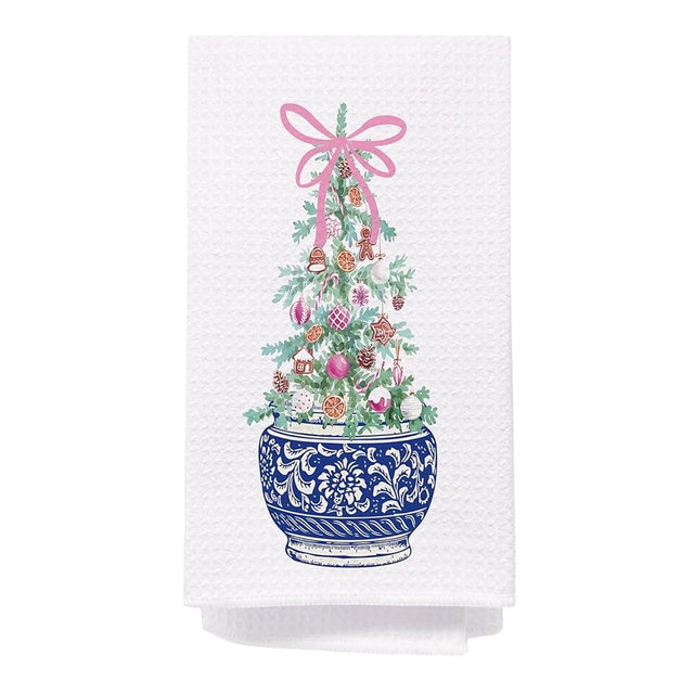 SPBL&L Chinoiserie Christmas Kitchen Towels, Pink Bow Christmas Tree Hand Towels for Bathroom, Blue and White Porcelain Chinoiserie Christmas Dish Towels, Christmas Kitchen Bathroom Decor, 16x24 Inch