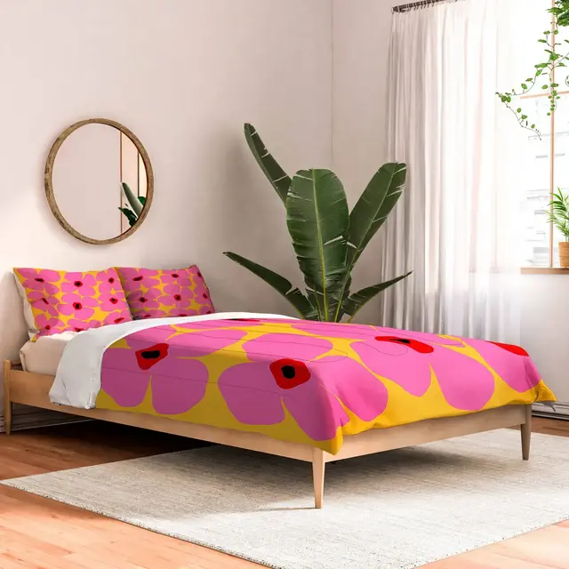 Deny Designs Full/Queen Maritza Lisa Abstract Pink Flowers with Yellow Comforter and Sham Set