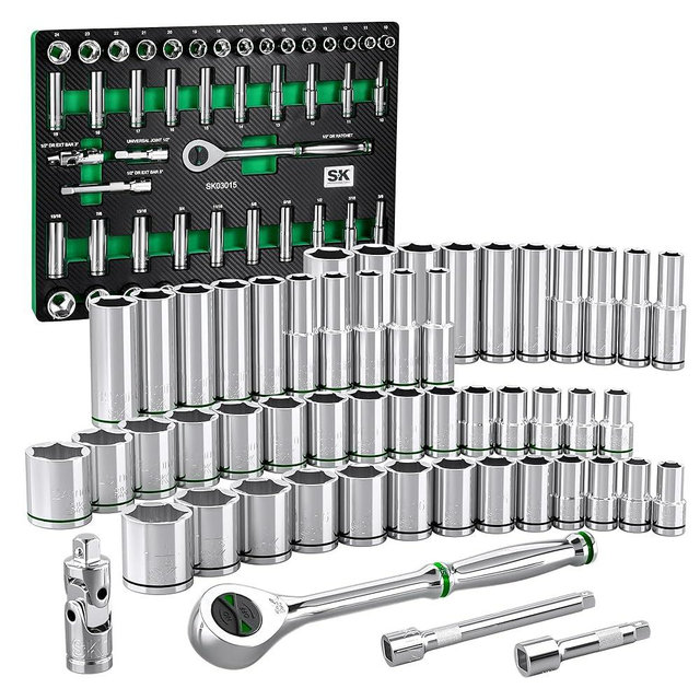 SK 1/2" Drive Socket Set with 160-P Ratchet, 52-Piece, SAE & Metric, SuperKrome Finish, Premium CR-V Construction, with EVA Foam Tool Organizer