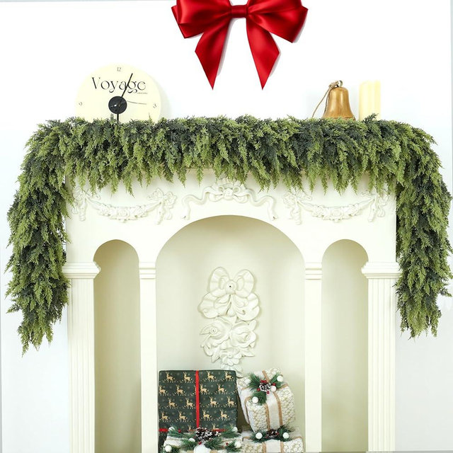 Tasruwat 9FT 1Pcs Christmas Cedar Garland Artificial Realistic Soft Thick Green Faux Lush Cedar Pine Garland for Fireplace Mantel Stairs Doorframe Table Porch Indoor Outdoor Holiday Decor