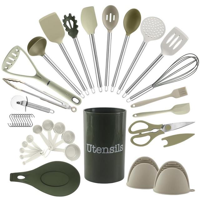 COOK WITH COLOR Silicone Cooking Utensils, Kitchen Utensil Set, Easy to Clean Silicone Kitchen Utensils, Cooking Utensils for Nonstick Cookware, Kitchen Gadgets Set, 38 Piece, Green
