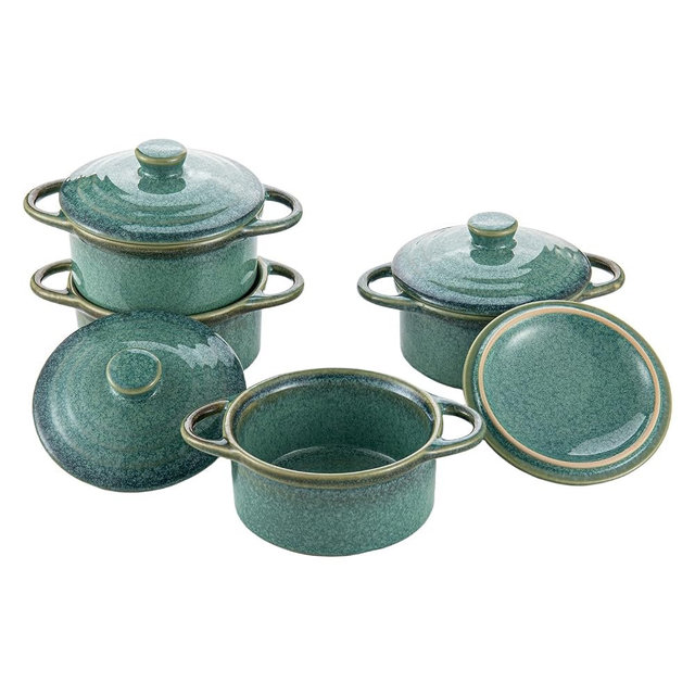 Mini Cocotte Set, 12 oz Small Ceramic Casserole Dishes with Lids & Handles, Individual Baking Ramekins for Soufflé, Pot Pies, Soups – Set of 4, Moss Green