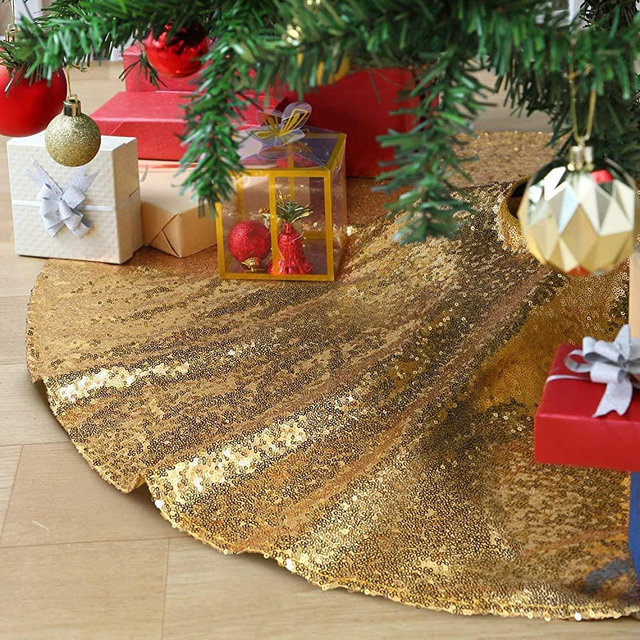 B-COOL 48 Inch Gold Xmas Tree Skirt Christmas Decorations Sequin Tree Skirt Cover New Year Party Indoor Holiday Tree Ornaments