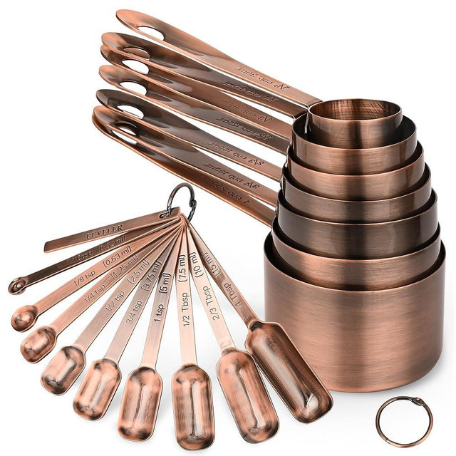 Kalsreui Measuring Cups and Spoons Set, Copper Measuring Cups and Spoons Set 17, Stainless Steel Measuring Cups and Spoons set, Metal 7 Measuring Cups and 9 Measuring Spoons with 1 Leveler for Kitchen