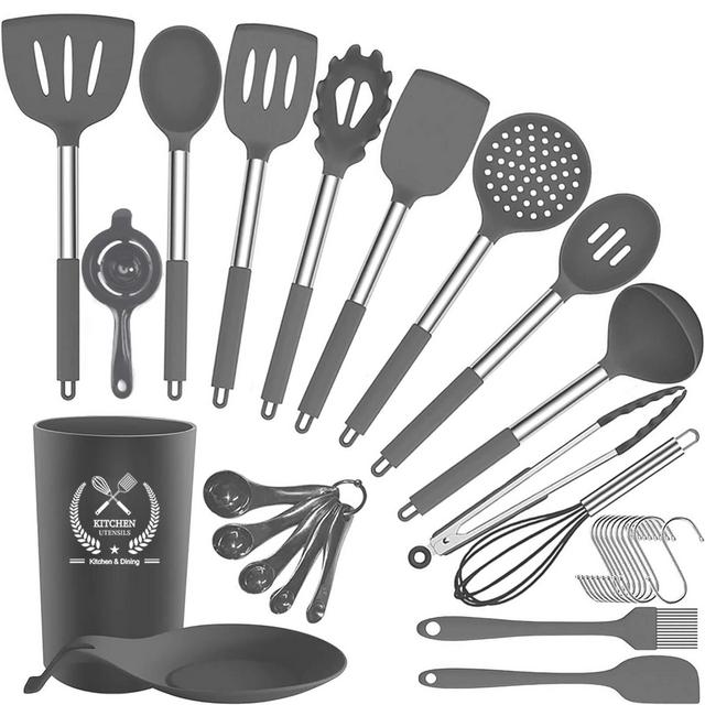 Silicone Kitchen Utensils Set,30 Pcs Silicone Cooking Utensils Set,Stainless Steel Cooking Utensils Heat Resistant Cookware,Cooking Tools with Holder for Non Stick Pans (Grey)