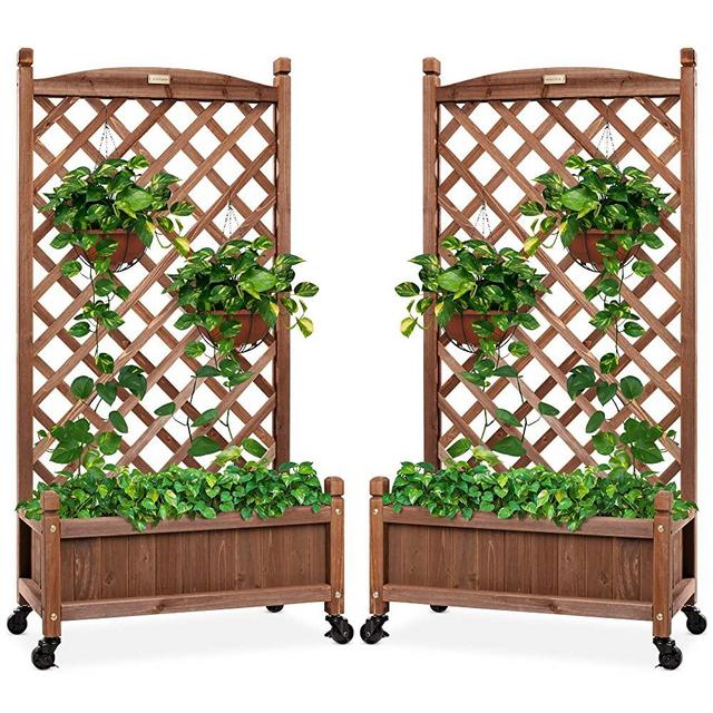 Best Choice Products Set of 2 48in Wood Planter Box & Diamond Lattice Trellis, Mobile Outdoor Raised Garden Bed for Climbing Plants w/Drainage Holes, Optional Wheels - Walnut