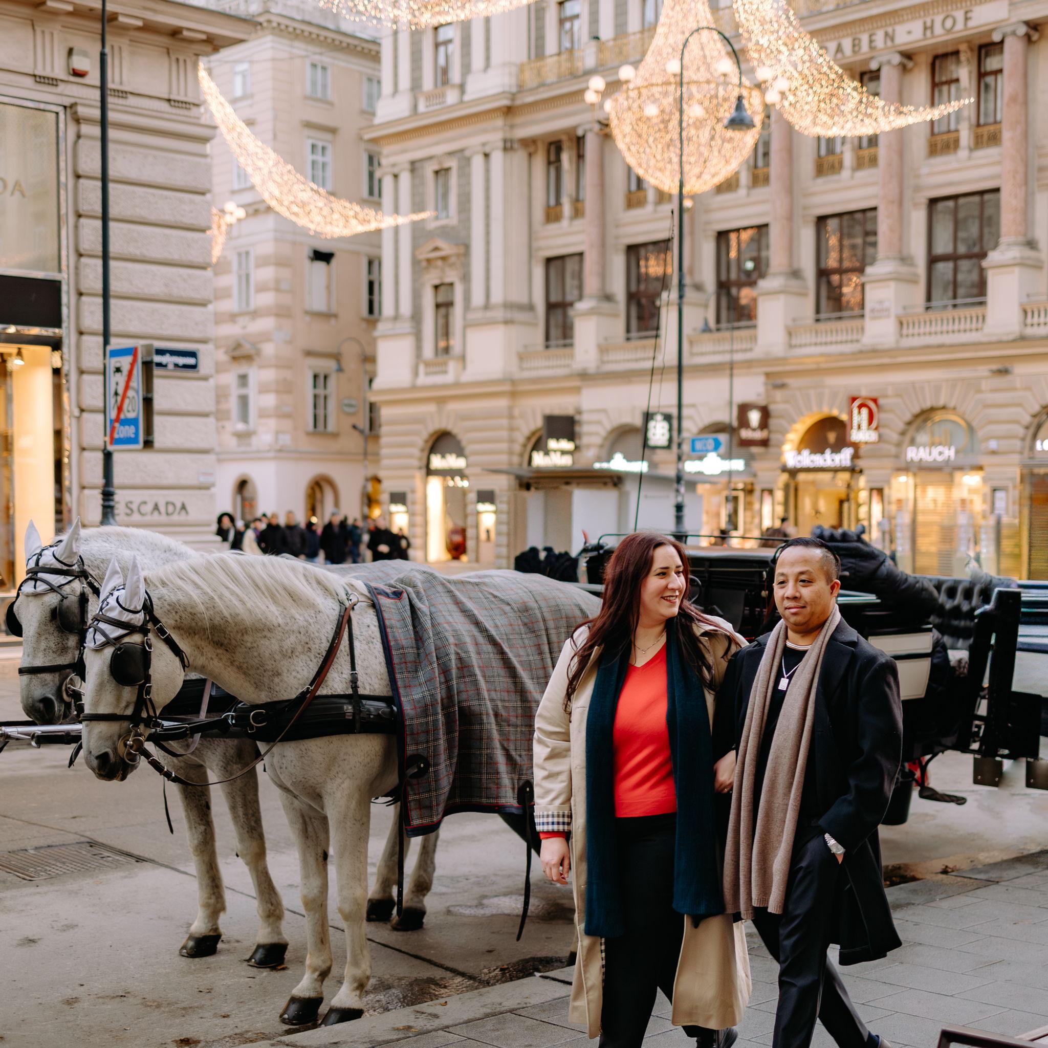 Scenic shot of us walking in front of the Hermes store on Graben Street in Vienna. These horses were wearing Hermes straddles, which Hermes originally made before they got into fashion.