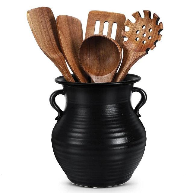 WOODWORD Vintage Kitchen Utensil Holder - 7.3 Inch Retro Style Ceramic Utensil Crock for Countertop, Rustic Kitchen Counter Decor