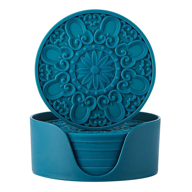 Colinda Silicone Coasters for Drink, 6 Pack Coasters with Holder, Cup Mat Set for Hot and Cold Drink and for Table Top Protection, Bar Coasters,3 Different Patterns for Home Office Decor,Teal