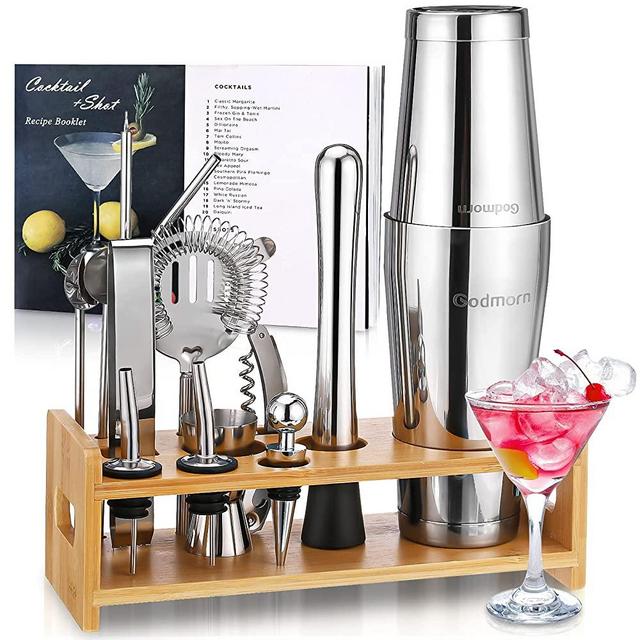 Cocktail Shaker Set Bartender Kit, Godmorn 16Pcs Boston Shaker Bar Tool Set, 304 Stainless Steel Martini Shaker with Bamboo Stand and Recipe Book, Drink Mixer Set For Home And Bar, Barware Set