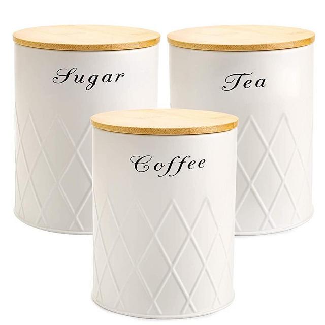 Fasmov 3 Pack Kitchen Canister Set, Coffee, Sugar, and Tea Storage Container Jars with Bamboo Lids for storing Sugar, Coffee and Tea, Beige