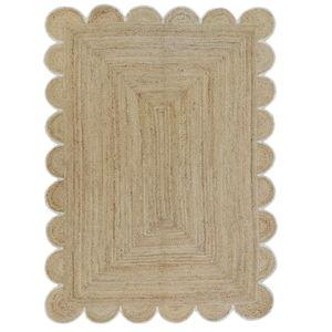 2' x 3' Handmade Jute Area Rugs Scalloped Pattern Braided Texture Rectangular Centerpiece Boho Aesthetic Vintage Soft Carpets for Home Decor Living Room (Natural Jute with Off White Border)
