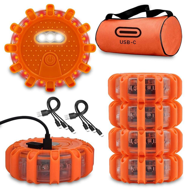 Ecoangel USB-C Rechargeable LED Road Flares Emergency Lights-Large Capacity (Lithium Battery) 3 in 1 cable Roadside Warning Car Safety Beacon Flashing Disc Kit with Magnetic Base for Vehicles