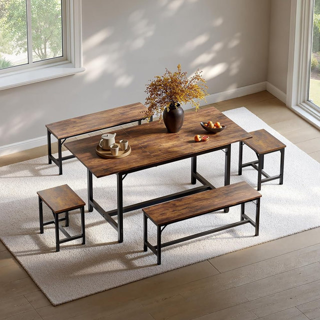 Tatub 5-Piece Dining Table Set for 4-8, 63" Extendable Dining Room Table with 2 Benches and 2 Square Stools, Space Saving Rectangle Kitchen Table Set for Breakfast Nook and Small Space,Brown
