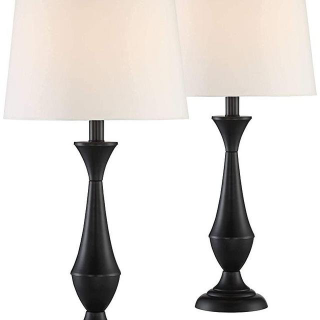 Joyce Modern Table Lamps Set of 2 Black Metal White Linen Tapered Drum Shade for Living Room Bedroom Bedside Nightstand Office Family - 360 Lighting