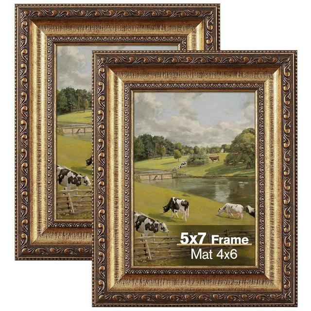 Splinterix 5x7 Gold Picture Frame, 2 Pack Ornate Vintage Picture Frames for Wall or Tabletop Display, 5x7 Photo Frame Gold with Real Glass, Display Poster 4x6 with Mat or 5x7 without Mat for Antique Déco