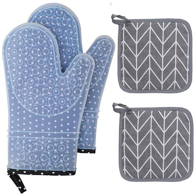 HOUMESO Oven Mitts and Pot Holders 4pcs Sets，Silicone Oven Gloves 500 F Heat Resistant, Soft Cotton Liner Non-Slip Oven Mitt for Kitchen ， Black