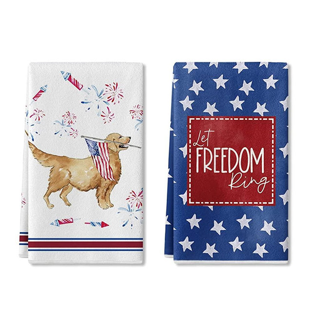 Artoid Mode Patriotic Dog Let Freedom Ring Kitchen Dish Towels, 18 x 26 Inch 4th of July Tea Bar Hand Towel Bathroom Decoration Gift Ultra Absorbent Set of 2
