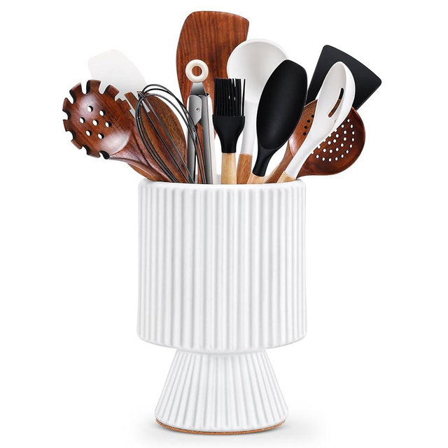 WOODWORD Utensil Holder, 10.2" Extra Large Ceramic Kitchen Utensil Holder for Countertop, Utensil Organizer for Kitchen Counter, Morden Aesthetic Utensil Crock for Kitchen Decor - White