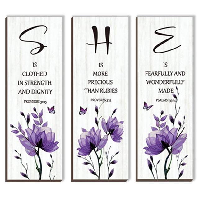 DONFENTHY 3 Pieces Inspirational Purple Floral Wall Decor Wooden Hanging Wall Art Christian Quotes SHE Word Sign Gift for Girl Teen Women Bedroom Bathroom Living Room Nursery Office (Purple 12x4 Inch)