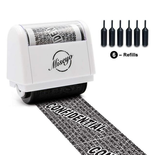 Miseyo Wide Roller Stamp Identity Theft Stamp 1.5 Inch Perfect for Privacy Protection - White - 6 Refill Ink Included