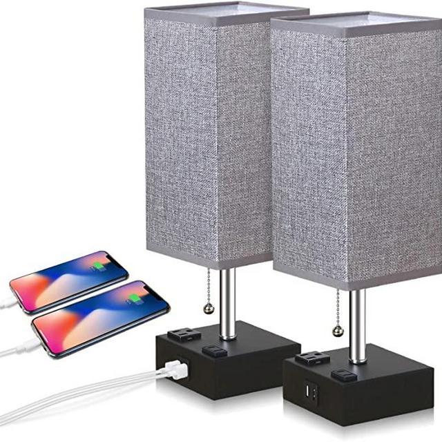 ZEEFO USB Table Lamp, Gray Square Fabric Shade Bedside Table Lamp with Two AC Outlet & Dual USB Charging Ports, Modern Design Desk Lamp Ideal for Bedroom,Office,Guest Room, Kids Room (Set of 2)