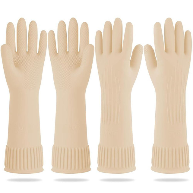 DABOGOSA Mamison 2 Pairs Reusable Waterproof Household Dishwashing Cleaning Rubber Gloves, Non-Slip Kitchen Glove (Ivory, Medium (Pack of 2))