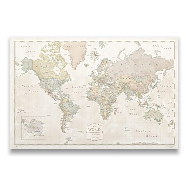 Conquest Maps World Travel Map with Pins Desert Sunrise Style Push Pin Travel Map Cork Board, Track Your Travels w/a Handmade Unique Canvas Pinable Map (24" x 16")