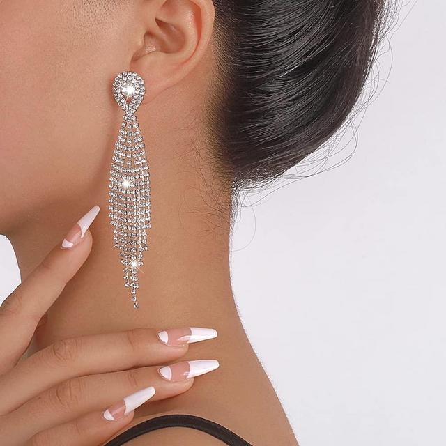 Denifery Teardrop Crystal Chandelier Earrings Long Tassels Dangle Earrings Sparkling Rhinestone Ladies Gifts Statement Earrings Bridal Wedding Jewelry (Silver)