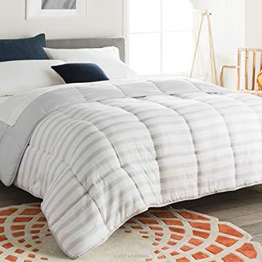 Linenspa All-Season Reversible Down Alternative Quilted Comforter - Hypoallergenic - Plush Microfiber Fill - Machine Washable - Duvet Insert or Stand-Alone Comforter - Grey/White Stripe - Queen