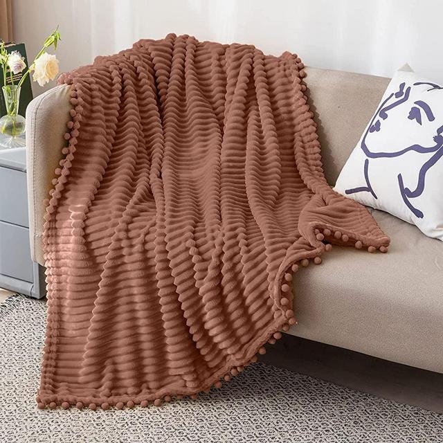 DISSA Fleece Blanket Twin Size – 51x63, Caramel – Soft, Plush, Fluffy, Fuzzy, Warm, Cozy – Perfect Throw for Couch, Bed, Sofa - with Pompom Fringe - Flannel Blanket Throw Blanket