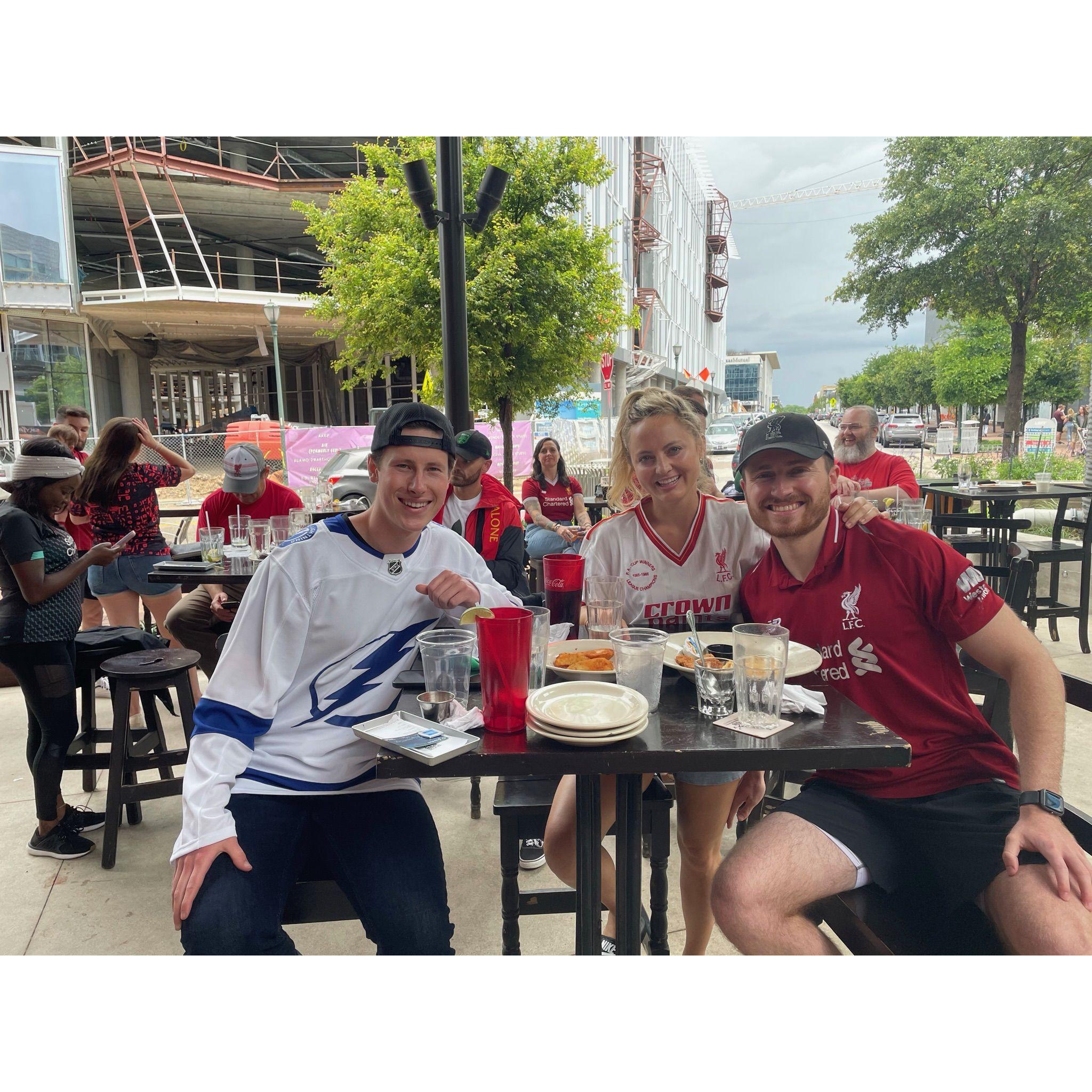 Sara's first visit to Austin, and naturally, we spent the first morning watching the Reds win at the local Liverpool bar. It seems Kiernan thought we were going to an NHL game.