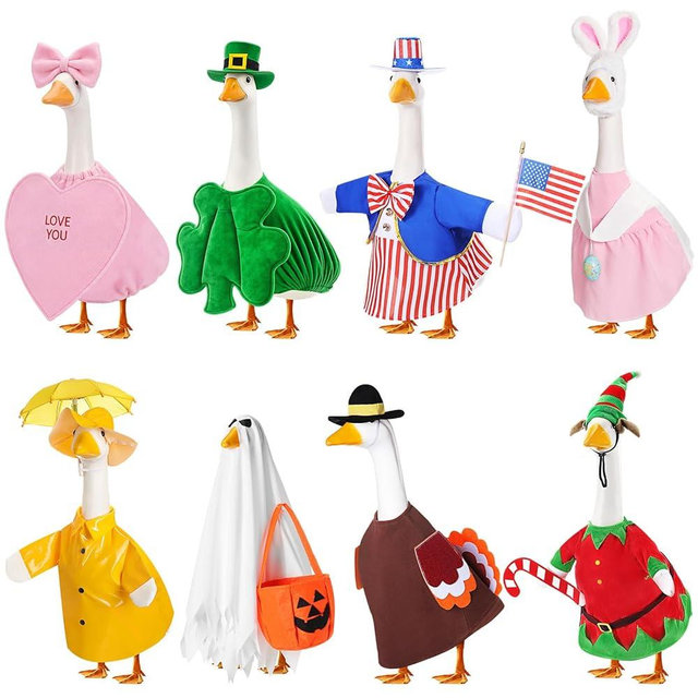 FuWeave 8 Set Holiday Porch Goose Outfits 250th Anniversary Summer 4th of July Fall Halloween Christmas Valentine St. Patrick Easter Lawn Porch Goose Clothing for Patio Yard Lawn Decor(Style3,23 Inch)