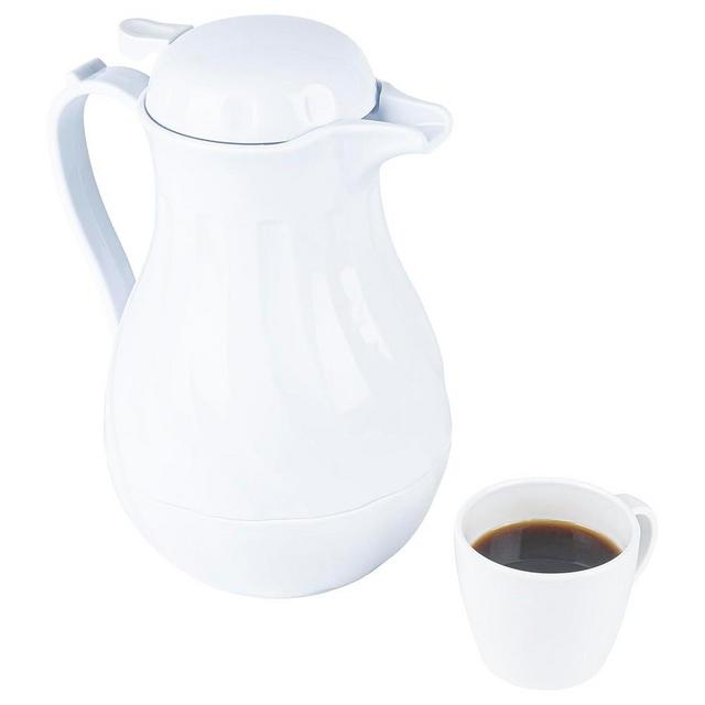 Restaurantware-Restpresso 64 Ounce Coffee Carafe, 1 Insulated Coffee Server - Push-Button Top, Swirl Design, White Plastic Pitcher, Built-In Handle, With Identification Tags