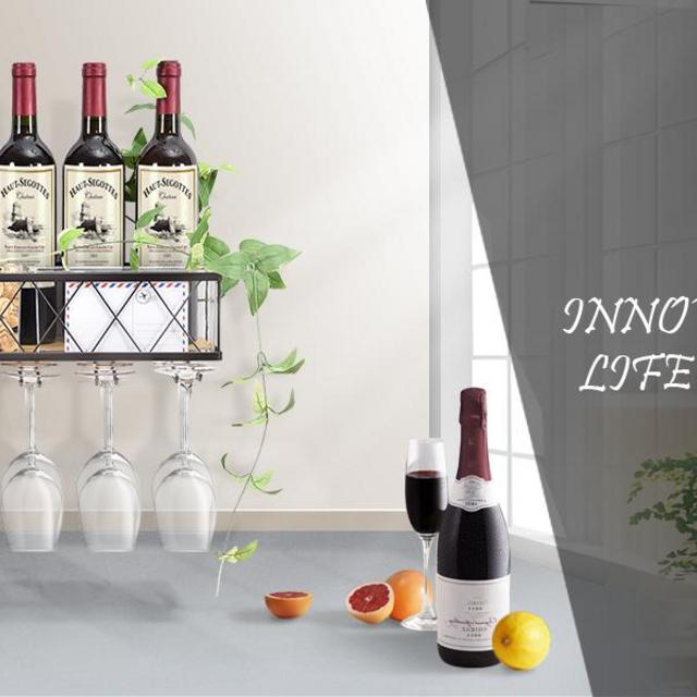 TOOLF Wall Mounted Wine Rack -Metal Bottle & Glass Holder with Hanging Stemware Glasses Set, Cork Storage - Store Red, White, Champagne, Home Kitchen Decor