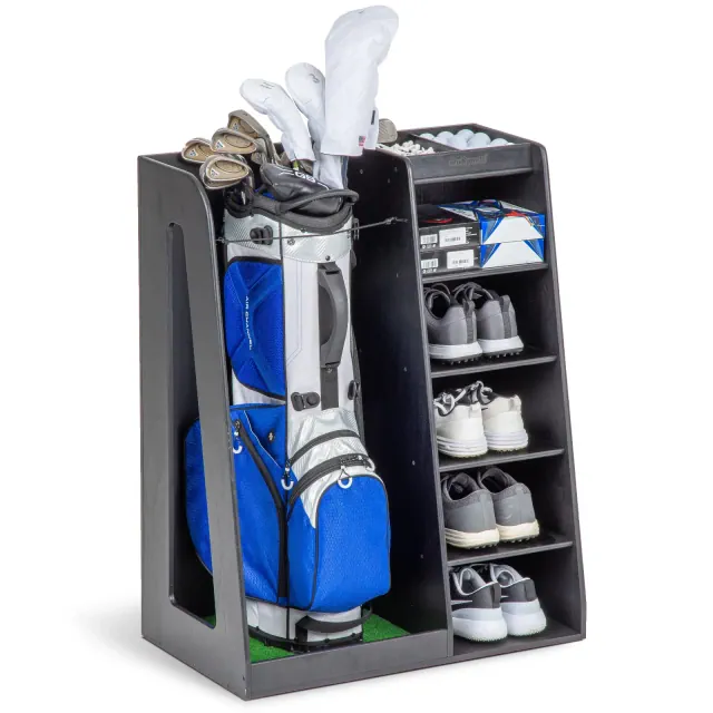 GoSports Premium Wooden Golf Bag Organizer and Storage Rack - Black
