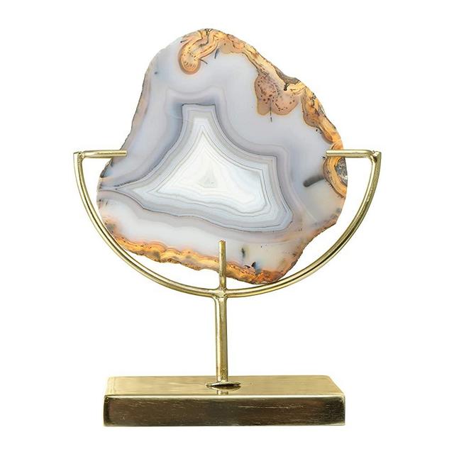 Main + Mesa Agate Geode Shelf Crystal on Metal Stand, 6.75" x 4", Natural Brown