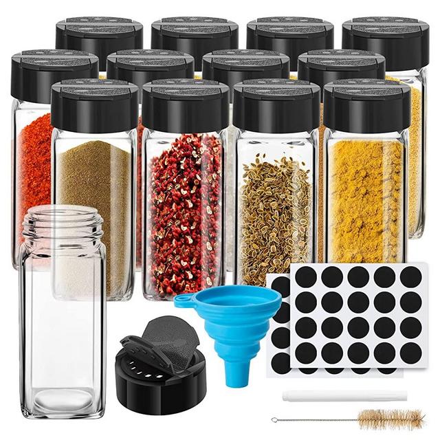 12 Pcs Glass Spice Jars 4oz Empty Spice Containers with Labels Square Spice Bottles Seasoning Jars with Black Lid, Silicone Funnel and Marker Pen Included