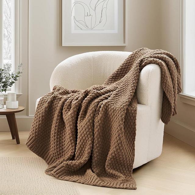 EVERGRACEHOME Chunky Chenille Knit Throw Blanket for Couch, Soft Luxurious Moss Stitch Blankets for Bed, Cozy Decorative Farmhouse Knitted Throws for Sofa, Camel Brown, 60" x 80"