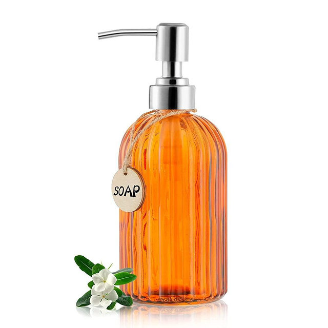 MOCLIF 16 OZ Soap Dispenser，Tempered Glass Clear Vertical Stripe with 304 Rust Proof Stainless Steel Pump Refillable Liquid Hand Soap Dispenser，for Bathroom, Kitchen, Dish Soap，Lotion (Orange)