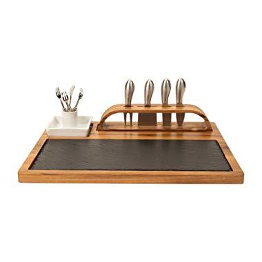 Zelancio Slate Cheese Board, 12 Piece Charcuterie Set Includes 4 Stainless Steel Cheese Knives, Bigger Acacia Serving Tray with Slate Board, and Wood Tool Holder