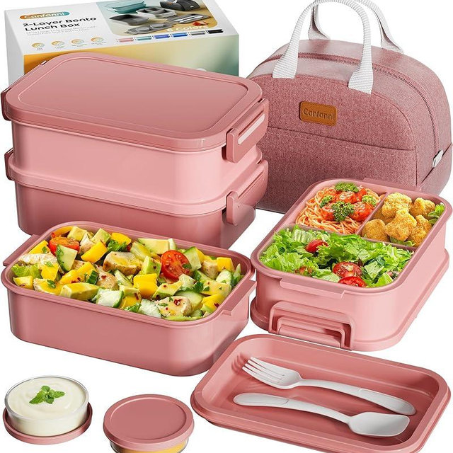 Adults Bento Box with Insulated Lunch Bag, 74oz Capacity 3 Stackable Leak-Proof Bento Box Built-In Utensil and Sauce, PFAS & BPA-Free, Microwave & Dishwasher Safe (Rose Pink)