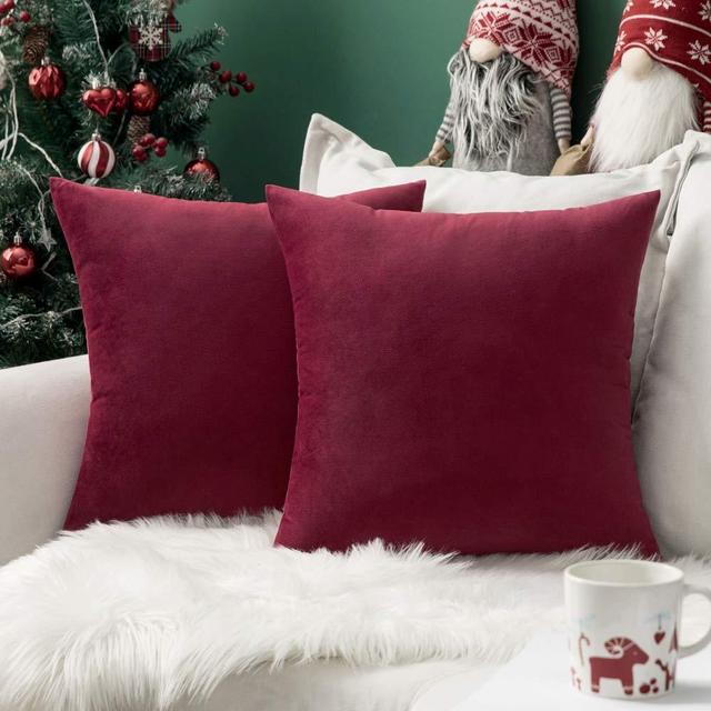 MIULEE Pack of 2 Christmas Velvet Pillow Covers Decorative Square Pillowcase Soft Solid Cushion Case for Decor Sofa Bedroom Car 26 x 26 Inch Wine Red