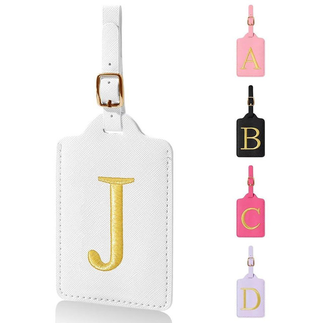 Personalized Initial Luggage Tags for Suitcases,Leather Letter Cute Luggage Tags with Privacy Name Card,Embroidered Monogrammed Travel Bag Backpack Tags Gifts for Women Kids Girls Teens(White-J)