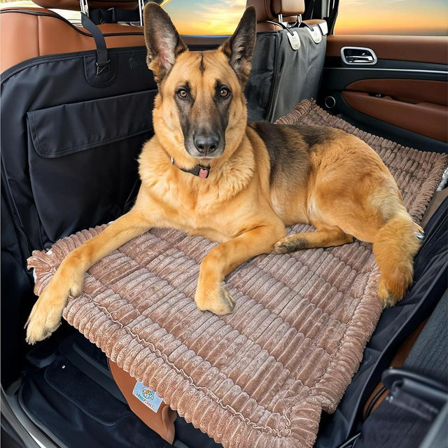 APetsPlanet Dog Bed for Car Back Seat Extender - Non-Slip Backseat Cushion for Dogs - Travel Plush Pet Mat Topper for Cars, Trucks, SUVs - Machine Washable Pad Blanket - Brown, 54" x 24.8"