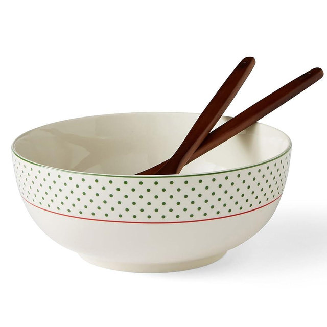 Spode Christmas Tree 10" Serving Bowl & Wooden Servers, Polka Dot - Ceramic Serving Bowls & Party Bowls for Holiday Celebrations - Salad Bowls and Soup Bowls for Dining - Christmas Table Setting