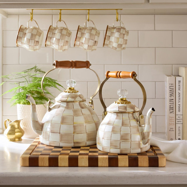 MacKenzie-Childs, Mocha Check Stainless Steel Tea Kettle | Zola