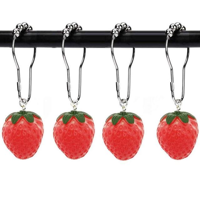 Kinwot Strawberry Shower Curtain Hooks Rings, Rust Proof Metal Decorative Shower Curtain Hook for Shower Curtain & Liner, Set of 12 and Cute Resin Fruit Theme Strawberry Bathroom Decor Shower Rod