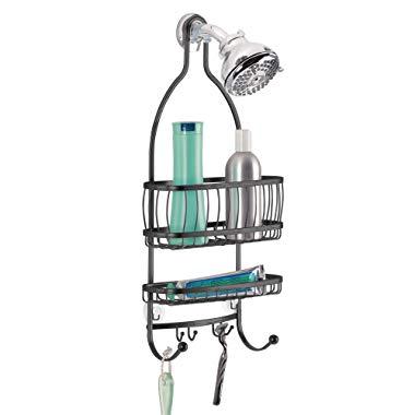 iDesign York Metal Wire Hanging Shower Caddy, Extra Wide Space for Shampoo, Conditioner, and Soap with Hooks for Razors, Towels, and More, 10" x 4" x 22", Matte Black