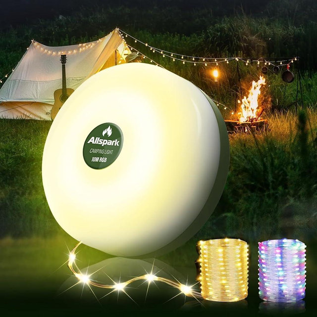 Camping String Lights Rechargeable,Allspark 4 in 1 Quick Storage 32.8FT Tent String Lights with 8 Lighting Modes,Portable Handing Waterproof LED Lights for Outdoor Patio Awning Garden Party Essentials
